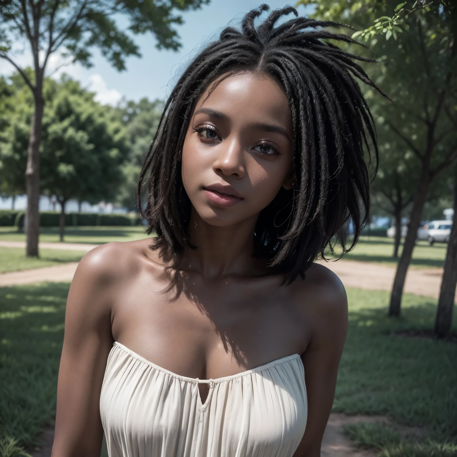 Beautiful women, black women/african, white dress, beautiful  face, coal skin, beautiful eyes, out, portraite, black women/african, Park, trees, coal skin, delicate beautiful face, Beautiful teeth, eyes open, ward winning photo, best qualityer, big breasts, blue sky, full body, trunk, film stock photography nikon d850 4 kodak 400 f1 camera.6 rich lens colors, hyper-realistic texture, natural lighting, tendências no artstation cinestill 800, (100mm lens)