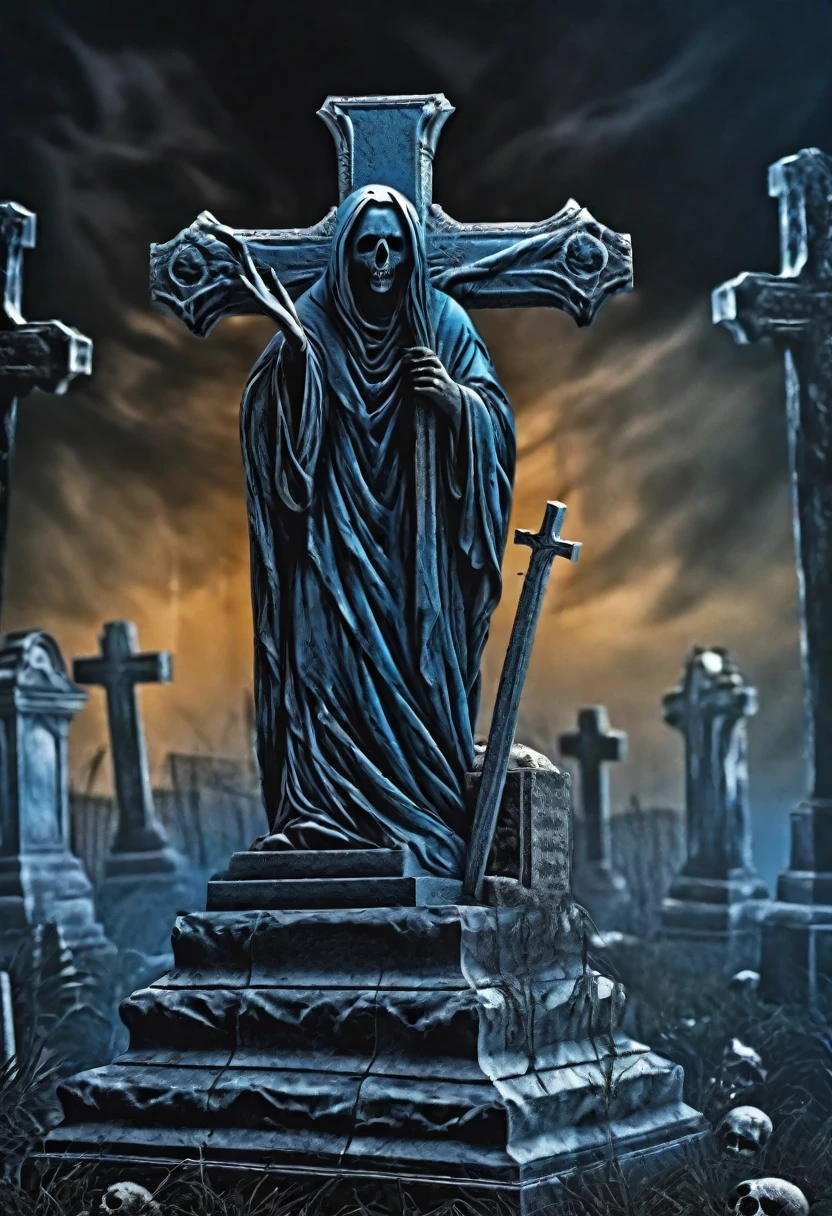 Aesthetic grave image, tense horror atmosphere, blue and black dominant background, best image quality, realistic and detailed