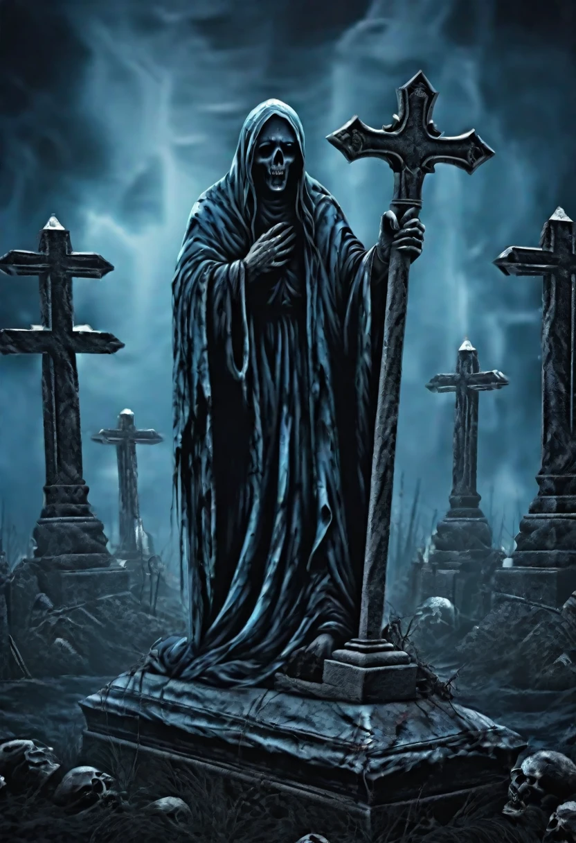 Aesthetic grave image, tense horror atmosphere, blue and black dominant background, best image quality, realistic and detailed