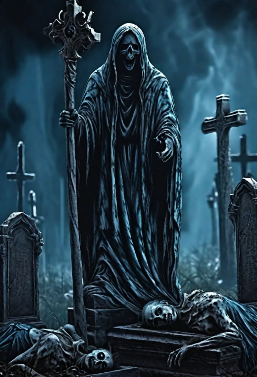 Aesthetic grave image, tense horror atmosphere, blue and black dominant background, best image quality, realistic and detailed