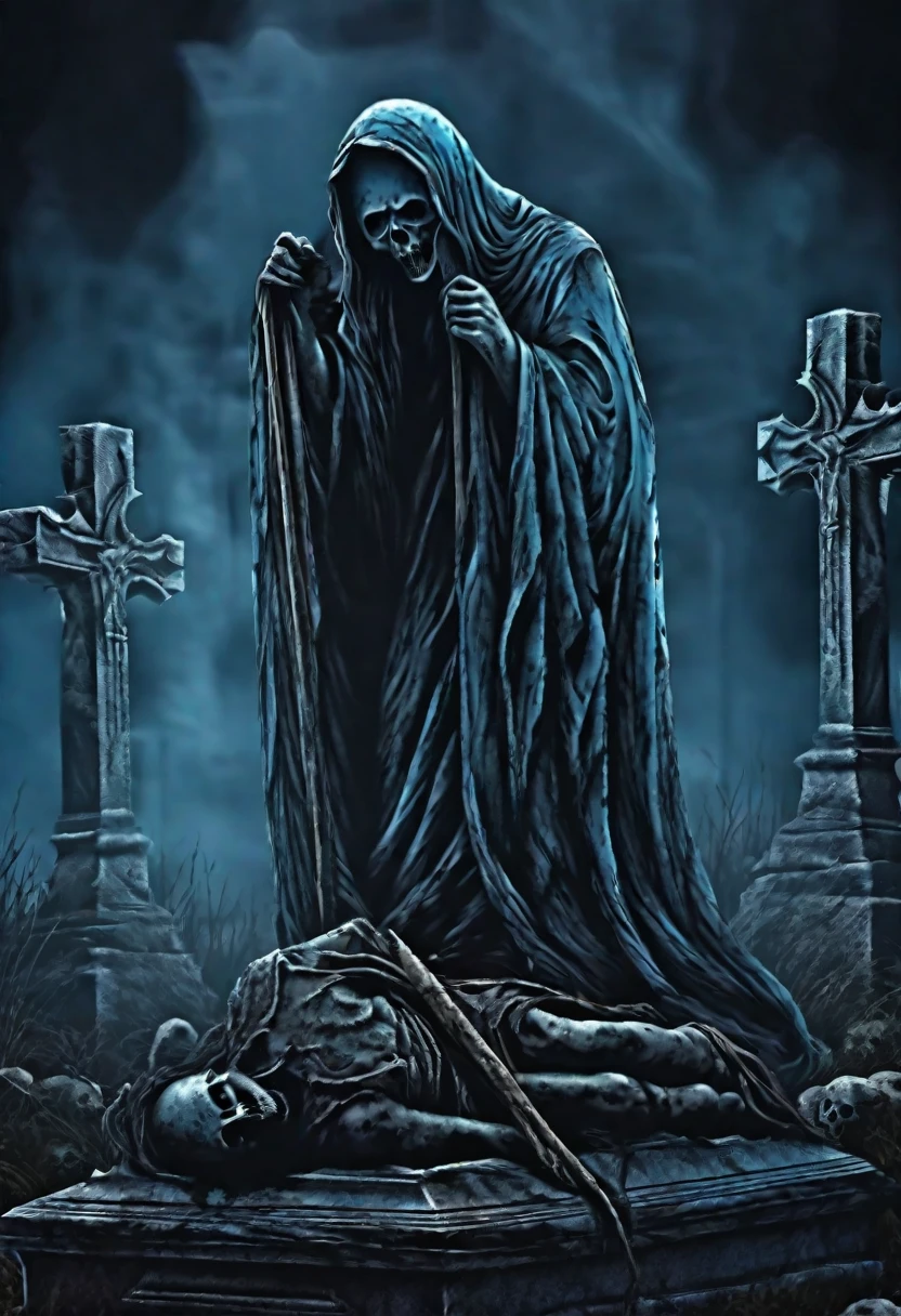 Aesthetic grave image, tense horror atmosphere, blue and black dominant background, best image quality, realistic and detailed