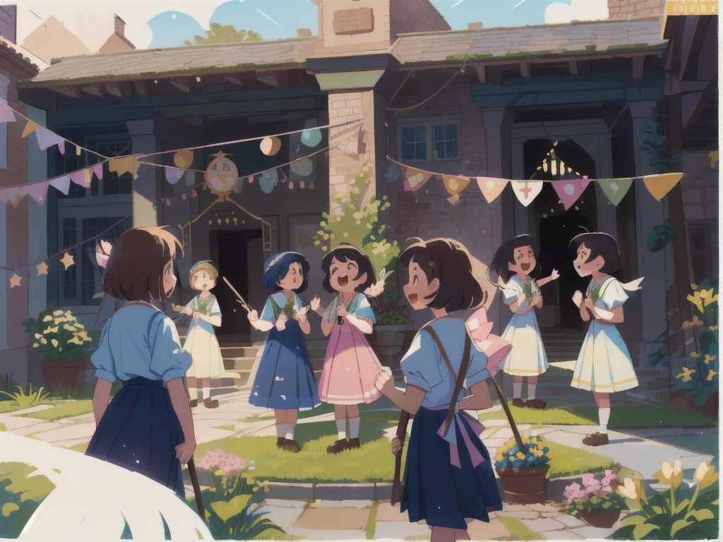 arafed group of people standing around a maypole in a courtyard, competition winning, central shot, nostalgic memory, everyone having fun, by Joy Garnett, school courtyard, full - view, photographic still, video still, community celebration, natural lighting, old school, promo, 😭 🤮 💕 🎀, ( ( illustration, very nostalgic, commercially ready