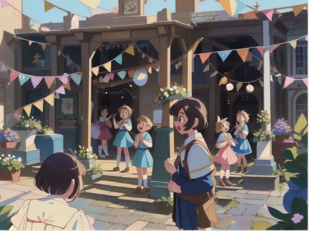 arafed group of people standing around a maypole in a courtyard, competition winning, central shot, nostalgic memory, everyone having fun, by Joy Garnett, school courtyard, full - view, photographic still, video still, community celebration, natural lighting, old school, promo, 😭 🤮 💕 🎀, ( ( illustration, very nostalgic, commercially ready