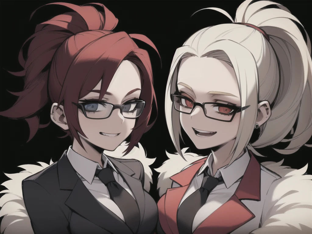 two sexy women looking at camera, opened mouths happy, casino outfits, portrait, various hair, glasses