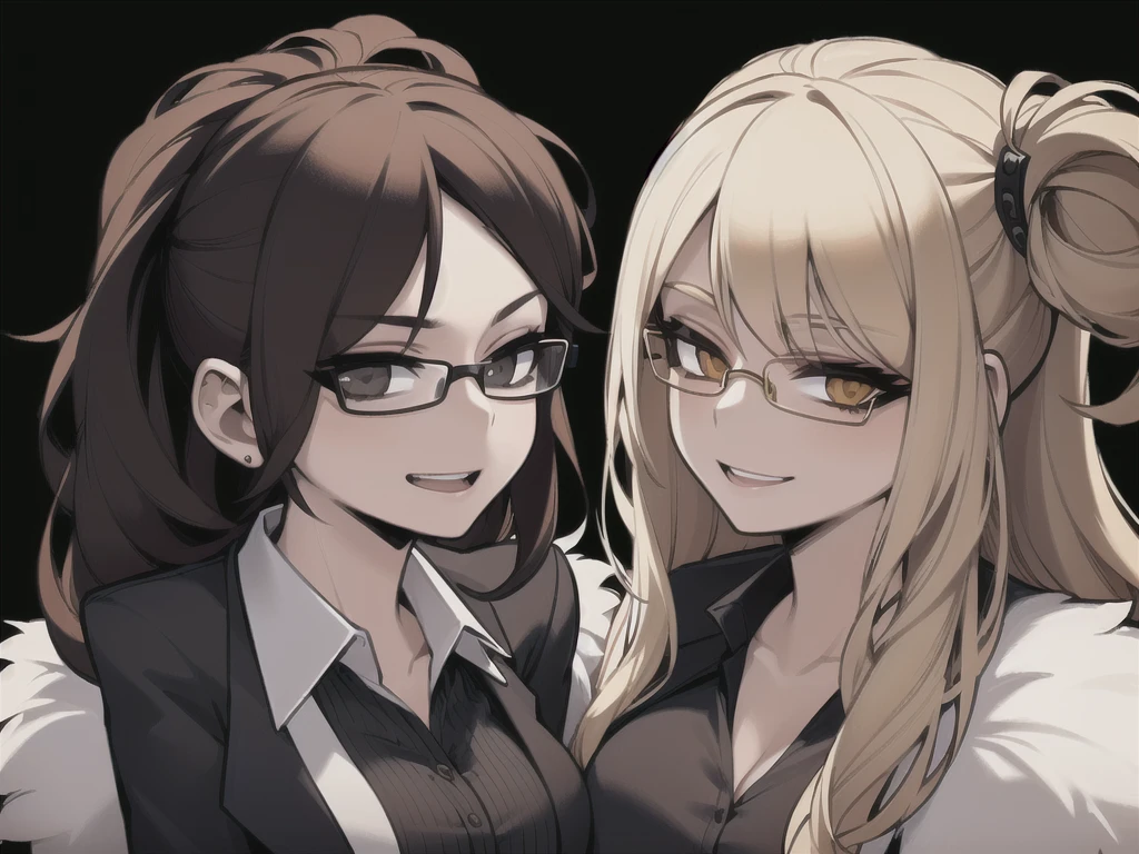 two sexy women looking at camera, opened mouths happy, casino outfits, portrait, various hair, glasses