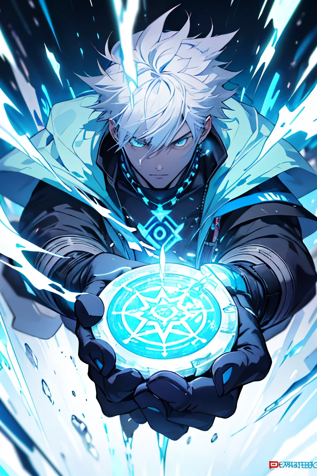 ((best qualityer)), (detailded) a logo, anime character with powers of ice and darkness, making a name "cypher cafe" with your magic