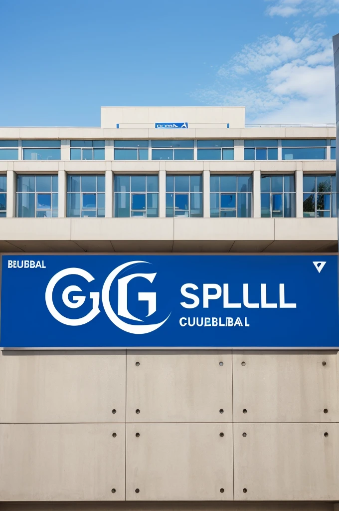 Create a school logo with a modern and professional design. The logo should feature a school building in the background and prominently display the name 'GPS GUNDBAL'. Use blue and white colors, and ensure the font is clear and readable