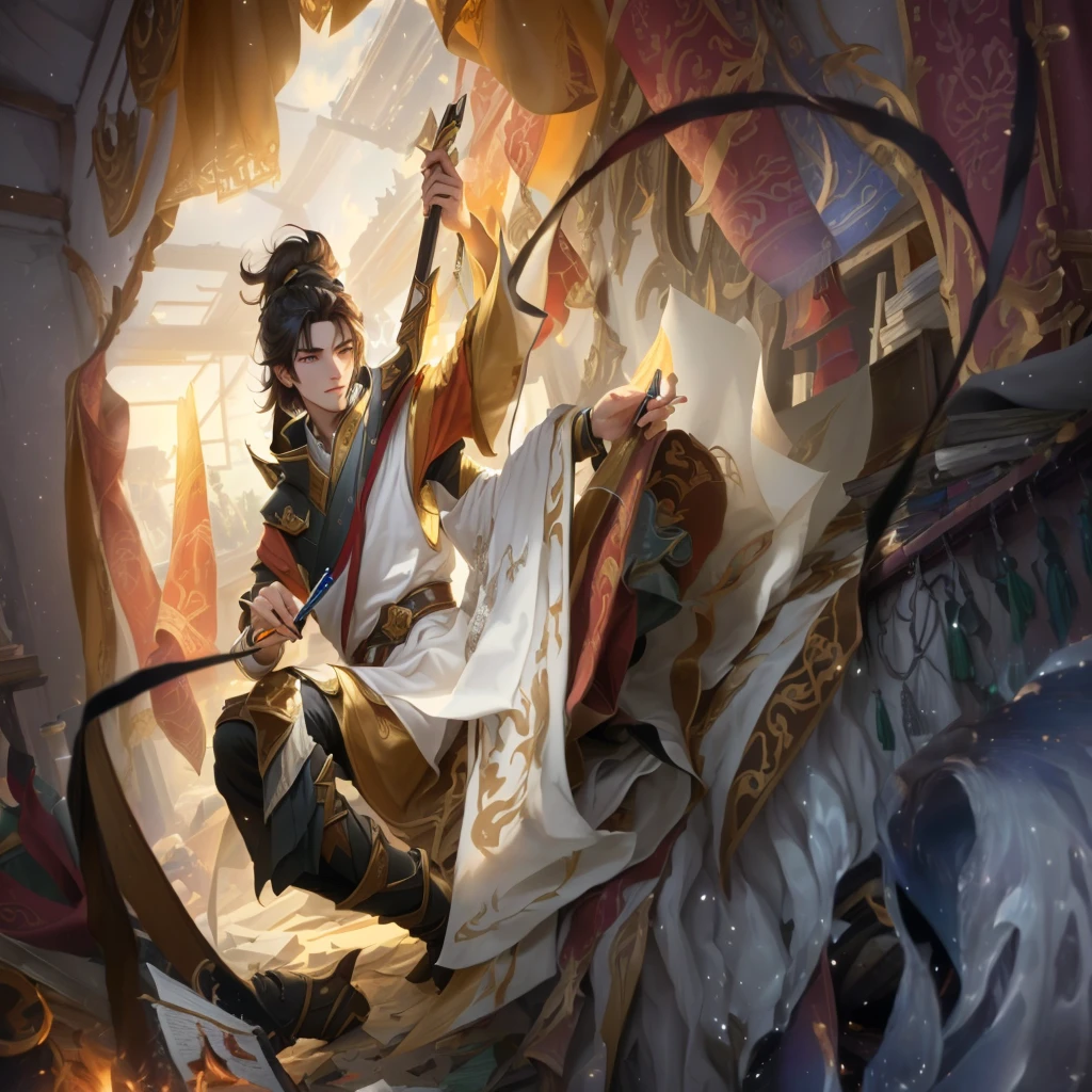 A young man holding a pen and writing sitting in a pile of messy scrolls, wearing Han clothes, in a fish palace, behind him is a window that can see the sky, league of legends, royal glory, anime, 4k, full hd, face details,