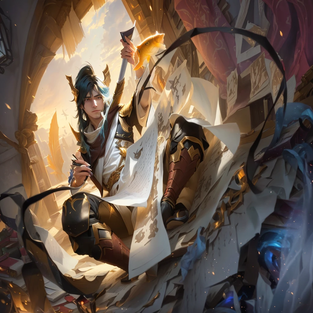 A young man holding a pen and writing sitting in a pile of messy scrolls, wearing Han clothes, in a fish palace, behind him is a window that can see the sky, league of legends, royal glory, anime, 4k, full hd, face details,
