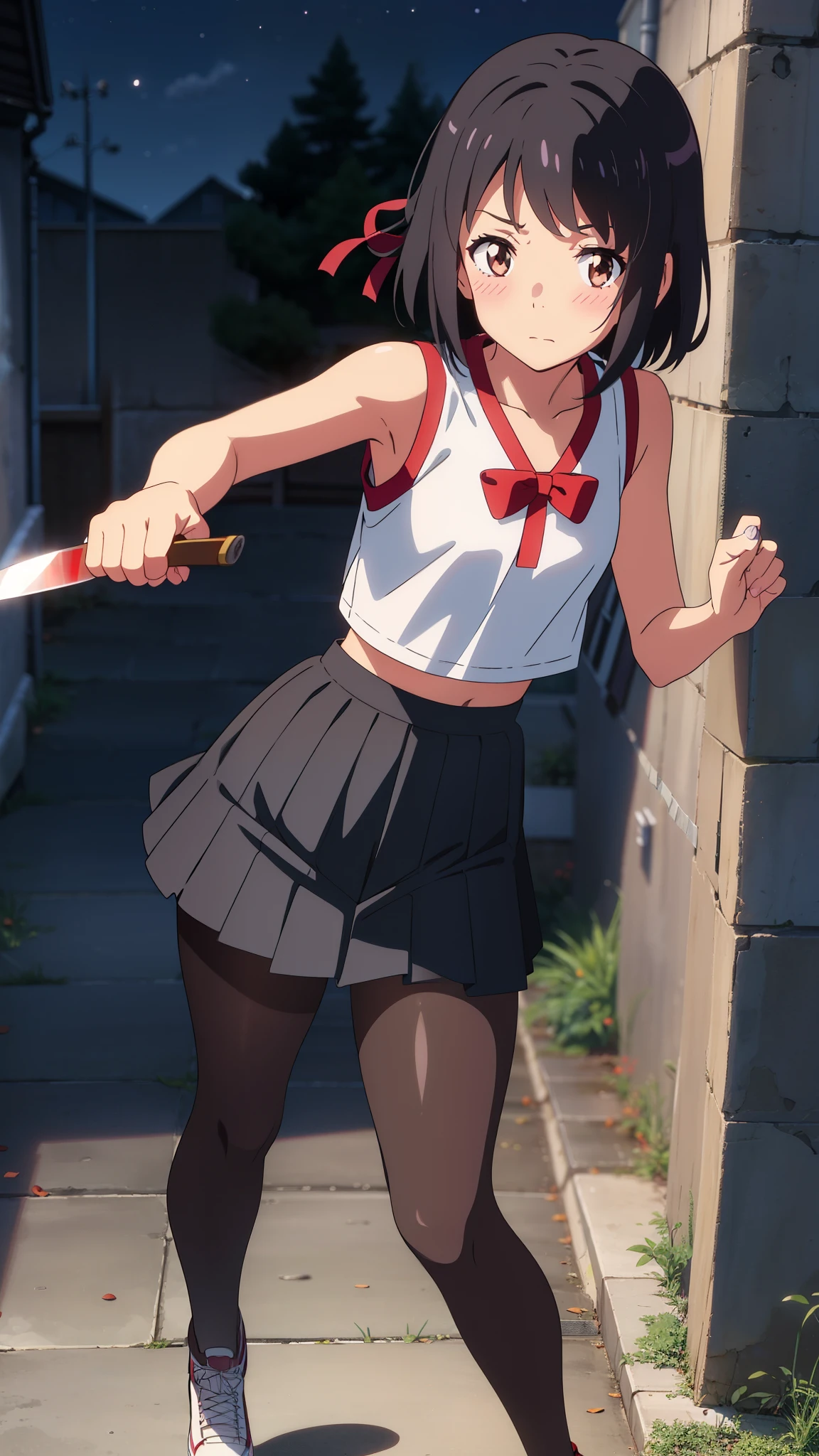 shinkai makoto, kimi no na wa., 1girl, bangs, black hair, blush, brown eyes, white crop top, bare shoulders, black pleated skirt, black pantyhose, red headband, red ribbon, short hair, cute, solo, looking at viewer, outdoors, alley, night, nightview, fighting stance, knife, holding knife in hand