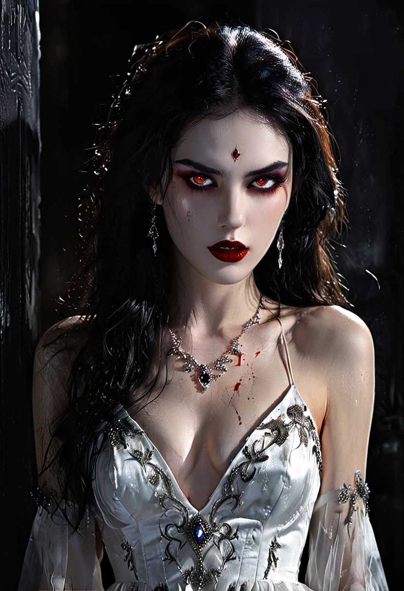 Arafed, dark fantasy art, goth art, a beautiful female vampire wearing a (blood stained white evening dress: 1.5),  an extremely beautiful female vampire, ultra detailed face, black hair, long hair, wavy hair, dark glamour make up, pale skin, red lips, glowing red eyes, visible vampiric fangs, she wears a ((white evening dress: 1.5)), elegant, intricate detailed dress, silk dress, small cleavage, ((dress is decorated with gems: 1.4)), she wears elegant knee high heeled boots, exquisite knee high heeled boots, there are stains of blood on the upper part of the dress, dynamic background, dark novel,