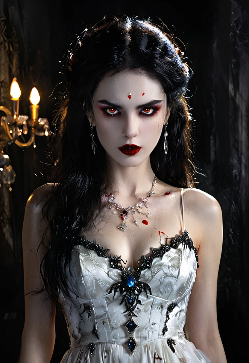 Arafed, dark fantasy art, goth art, a beautiful female vampire wearing a (blood stained white evening dress: 1.5), an extremely beautiful female vampire, ultra detailed face, black hair, long hair, wavy hair, dark glamour make up, pale skin, red lips, glowing red eyes, visible vampiric fangs, she wears a ((white evening dress: 1.5)), elegant, intricate detailed dress, silk dress, small cleavage, ((dress is decorated with gems: 1.4)), she wears elegant knee high heeled boots, exquisite knee high heeled boots, there are stains of blood on the upper part of the dress, dynamic background, dark novel,