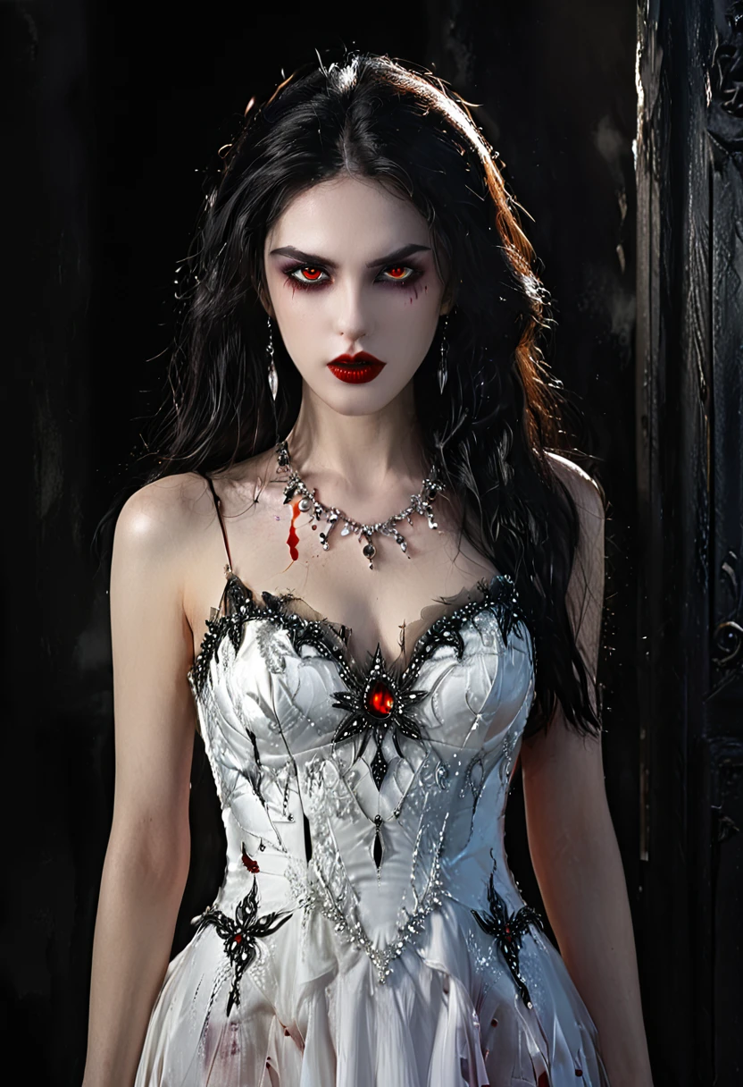 Arafed, dark fantasy art, goth art, a beautiful female vampire wearing a (blood stained white evening dress: 1.5),  an extremely beautiful female vampire, ultra detailed face, black hair, long hair, wavy hair, dark glamour make up, pale skin, red lips, glowing red eyes, visible vampiric fangs, she wears a ((white evening dress: 1.5)), elegant, intricate detailed dress, silk dress, small cleavage, ((dress is decorated with gems: 1.4)), she wears elegant knee high heeled boots, exquisite knee high heeled boots, there are stains of blood on the upper part of the dress, dynamic background, dark novel,