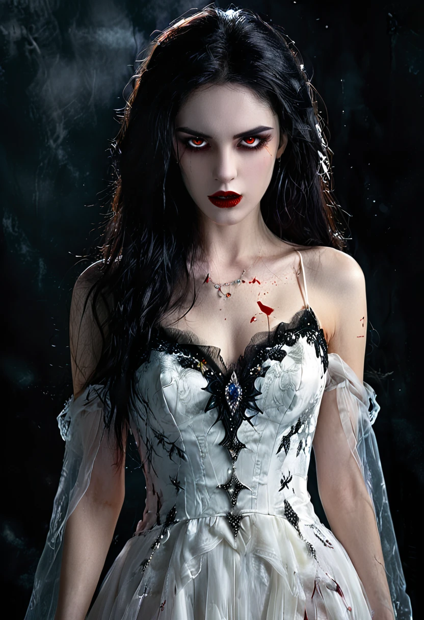 Arafed, dark fantasy art, goth art, a beautiful female vampire wearing a (blood stained white evening dress: 1.5),  an extremely beautiful female vampire, ultra detailed face, black hair, long hair, wavy hair, dark glamour make up, pale skin, red lips, glowing red eyes, visible vampiric fangs, she wears a ((white evening dress: 1.5)), elegant, intricate detailed dress, silk dress, small cleavage, ((dress is decorated with gems: 1.4)), she wears elegant knee high heeled boots, exquisite knee high heeled boots, there are stains of blood on the upper part of the dress, dynamic background, dark novel,