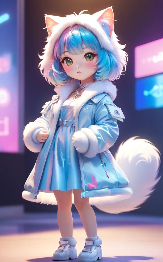 ((Full body shot 1.5))A cute female cat with fluffy fur、wearing kpop idol costume。, The background is modern, Adorable digital painting, 3D Rendering, Bright lighting, Vibrant colors,