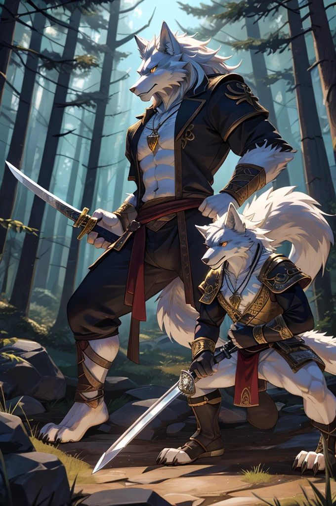 Werewolf，hairy，Pure white hair，A big white tail，Dragon-like golden eyes，Two long swords，Wolf head shaped pendant，Attack Stance，forest，serious