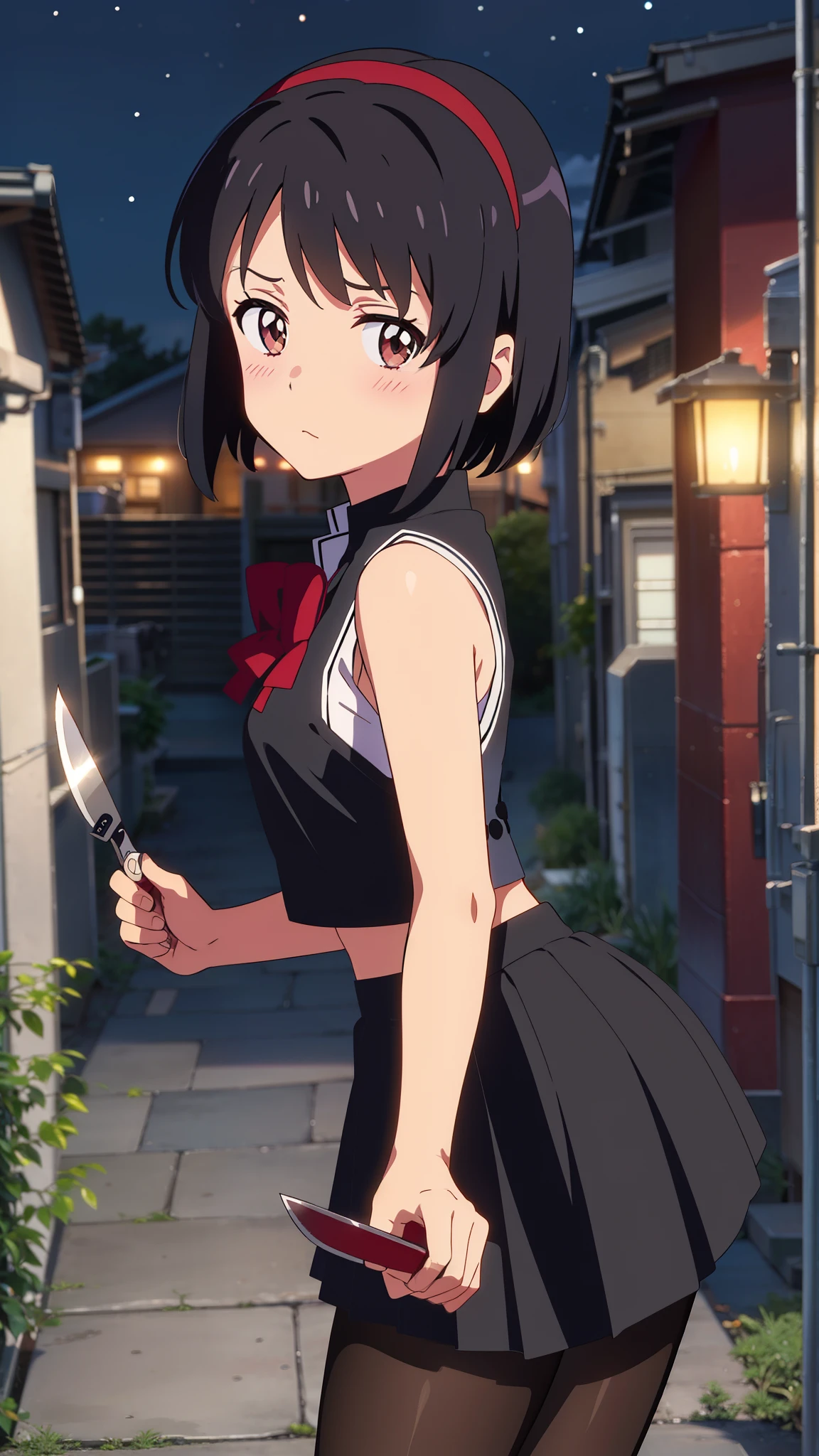shinkai makoto, kimi no na wa., 1girl, bangs, black hair, blush, brown eyes, white crop top, bare shoulders, black pleated skirt, black pantyhose, red headband, red ribbon, short hair, cute, solo, looking at viewer, outdoors, alley, night, nightview, fighting stance, knife, holding knife in hand