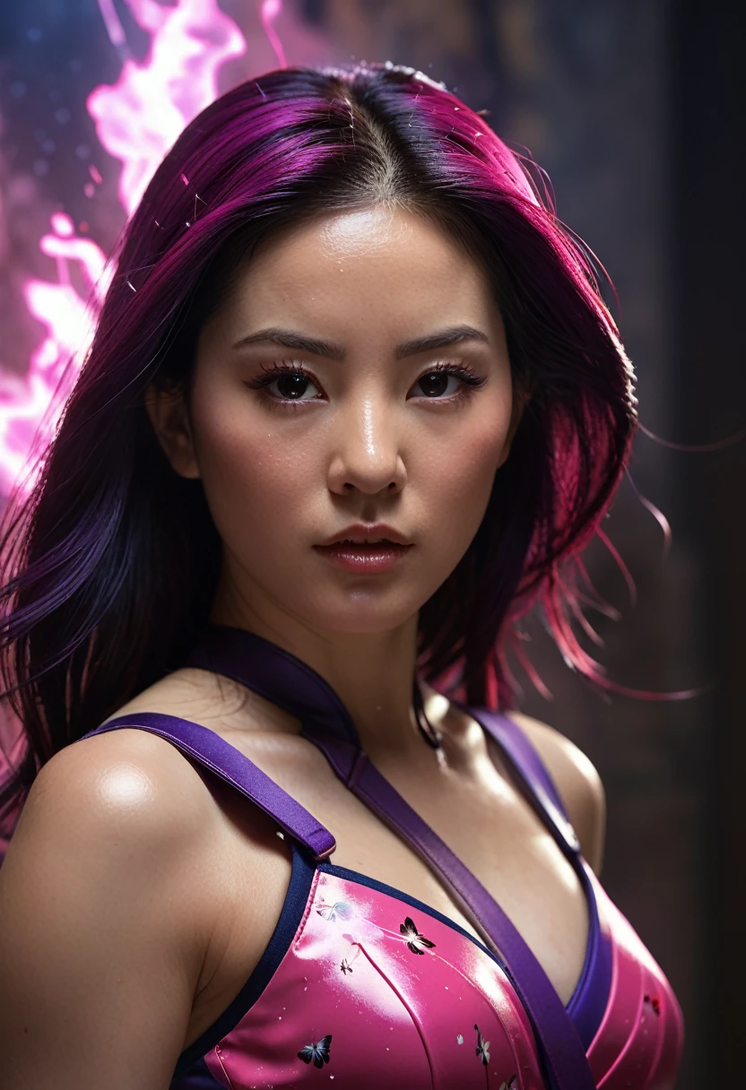 fullbody, portrait Illustration of PSYLOCKE from x-men, an beatiful japanese girl in fight pose envolve in a energy pink aura, little butterflies made of purple energy plasma; dark background, psylocke, realistic, photo-realistic, 8k, highly detailed, full length frame, High detail RAW color art, piercing, diffused soft lighting, shallow depth of field, sharp focus, hyperrealism, cinematic lighting Art by Frankenthaler, Cassatt, O'Keeffe, Vigée Le Brun, Alma Thomas, Gentileschi, Barbara Kruger, Lavinia Fontana, Dutch view, full body shot with Cannon EF 35mm f/1.4L II USM Lens. By Sem2ga.