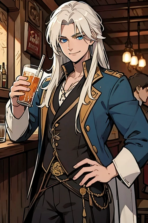 Perfect face. Perfect hands. A young white haired man with blue eyes and long hair in a white sheriff's uniform is drinking in a saloon with a big smile