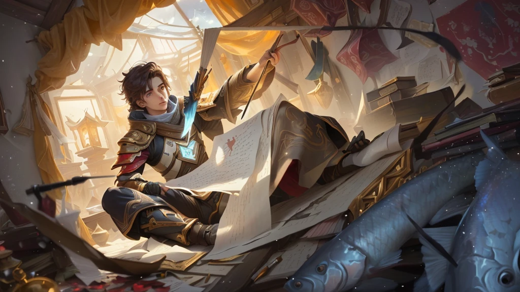 A young man holding a pen and writing sitting in a pile of messy scrolls, wearing Han clothes, in a fish palace, behind him is a window that can see the sky, league of legends, royal glory, anime, 4k, full hd, face details,