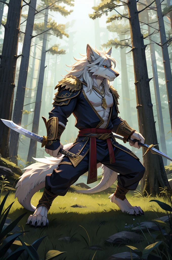 Werewolf,hairy,Pure white hair,A big white tail,Dragon-like golden eyes,Two long swords,Wolf head shaped pendant,Attack Stance,forest,serious