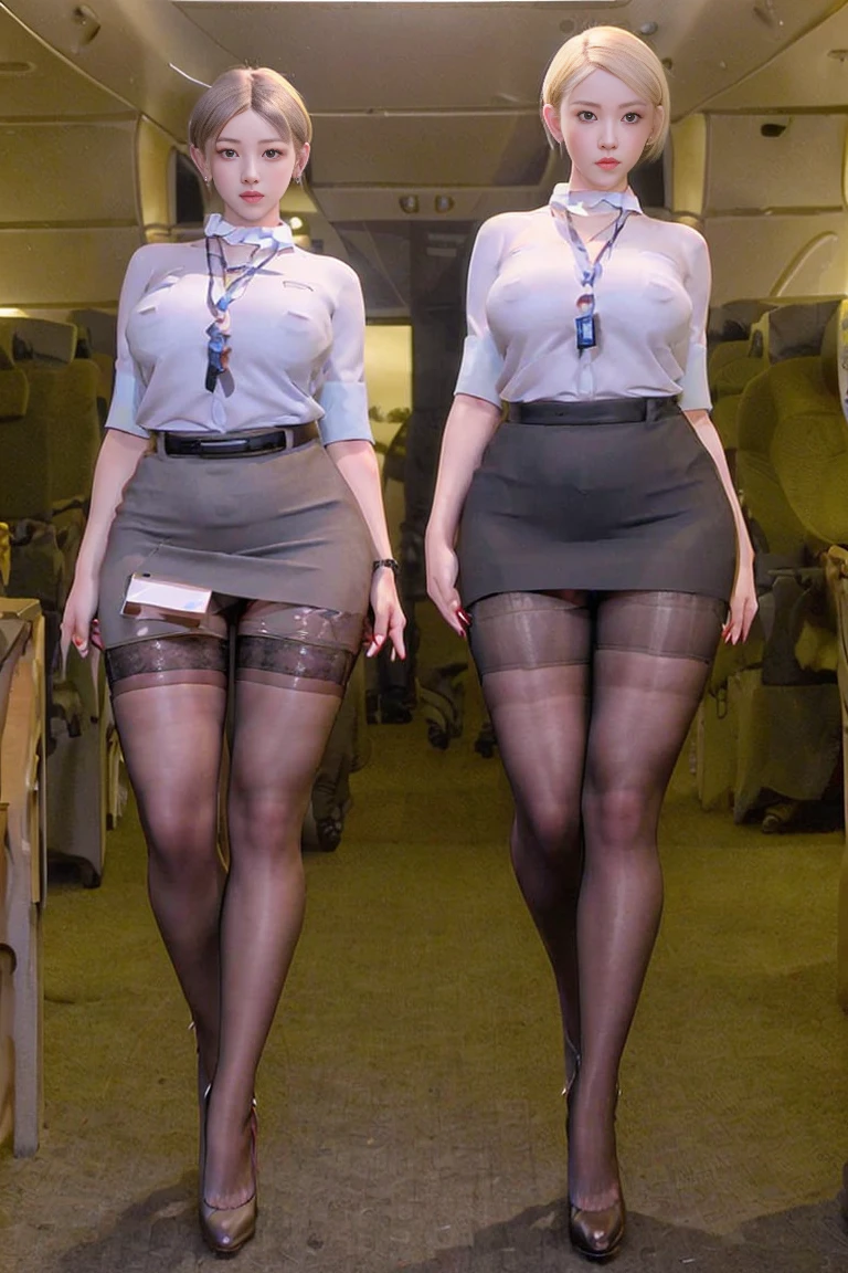 Ultra-high resolution, Realistic, Very detailed, Golden Ratio, Highest quality, Standing full body shot, (Promotional photo shoot), (standing), Standing on the floor in high heels, (Two beautiful secretaries with model figures), Beautiful Face, (Realisticな face), (Blonde short cut:1.3), Realisticな目, Pretty pretty eyes, Realisticな skin, Beautiful Skin, Plump body line, Anatomically correct body, (wide thighs), (Very long legs), (I always wear black stockings:1.3), Fully clothed, Dark blue OL suit,  Skirt, (The skirt is very short:1.2), (Very long legs:1.4), (very wide thighs:1.3), (彼女はI always wear black stockings:1.4), (Wearing brown platform high heels), Accurate high heels, 