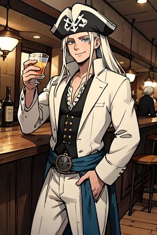 A young white haired man with blue eyes and long hair in a pirate's outfit is drinking at a bar in a pirate city with a big smile