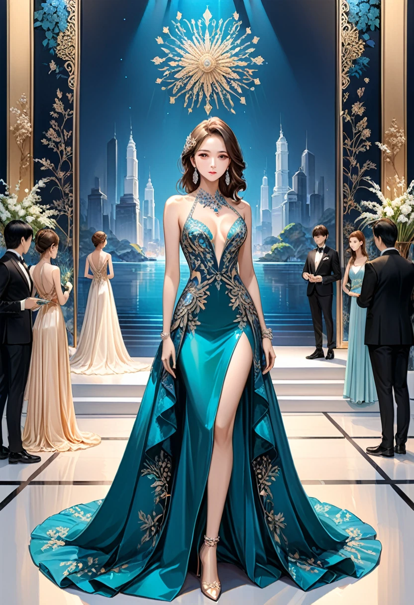 As an artist, the girl appeared at the opening ceremony of an art exhibition wearing a uniquely designed evening gown, exchanging insights with art enthusiasts. Full body, (masterpiece, best quality, Professional, perfect composition, very aesthetic, absurdres, ultra-detailed, intricate details:1.3)