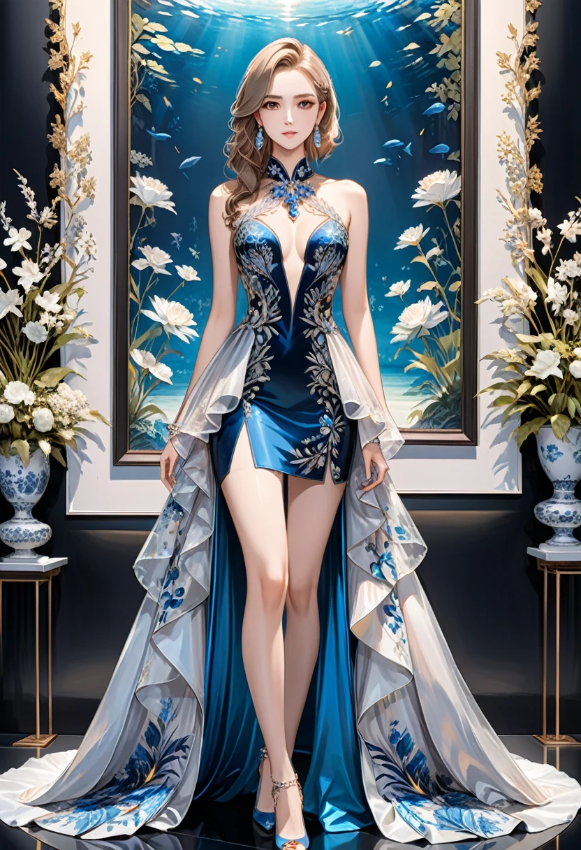 As an artist, the girl appeared at the opening ceremony of an art exhibition wearing a uniquely designed evening gown, exchanging insights with art enthusiasts. Full body, (masterpiece, best quality, Professional, perfect composition, very aesthetic, absurdres, ultra-detailed, intricate details:1.3)