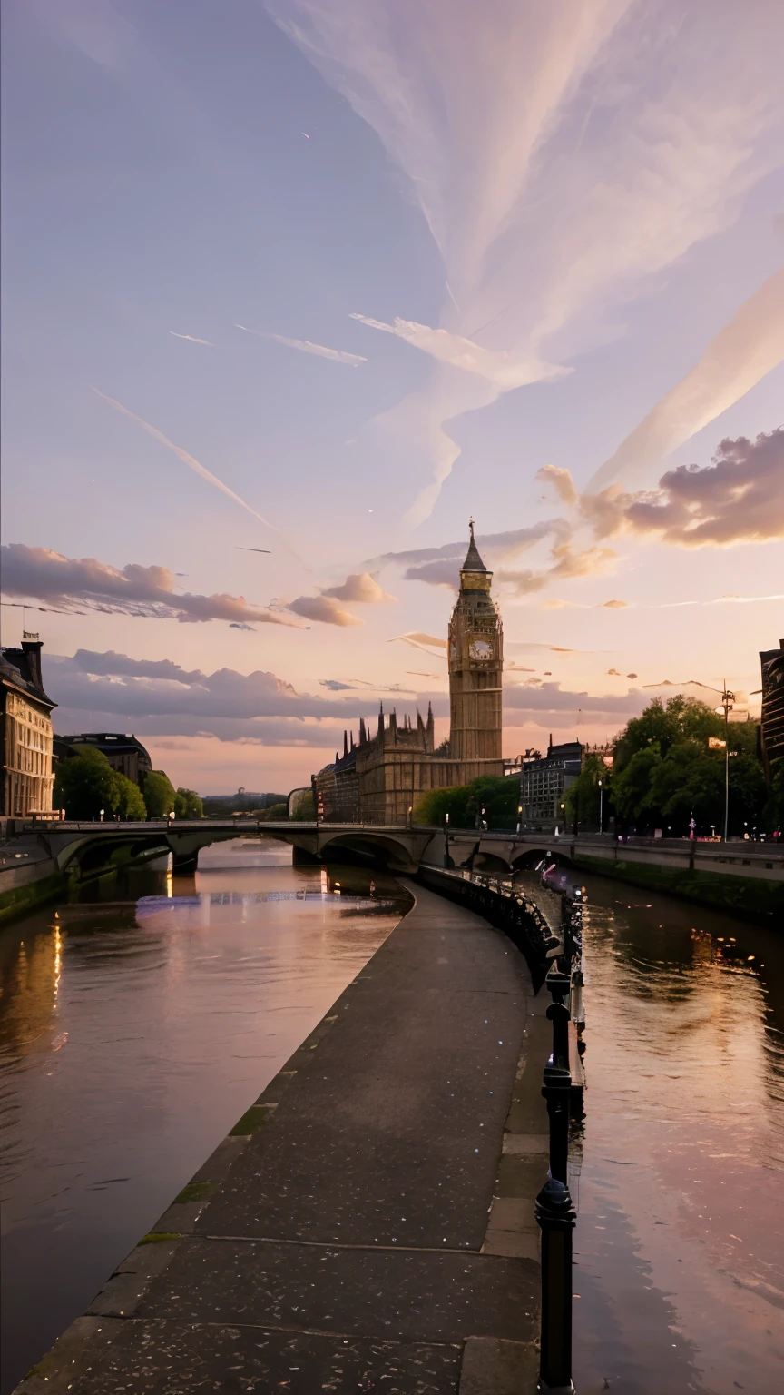 in the background a river with big ben, pink sky, some diamonds on the ground