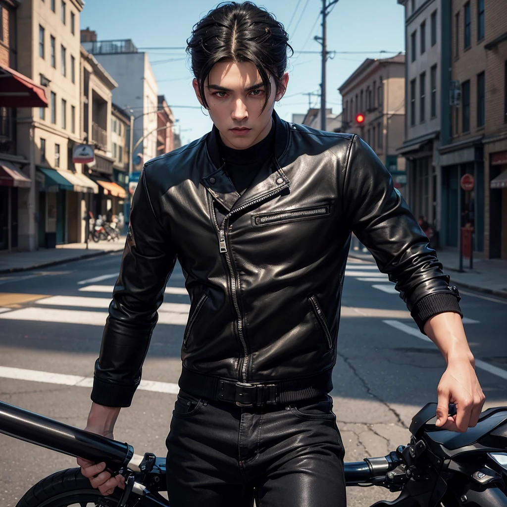 1 male, Beautiful boy, Body Length 180, 20 years old, (black short hair, Street hairstyle) , ((red eyes)), realistic eyes, beautiful and sharp eyes), Men's Clothing, Biker clothing, muscles, (8k wallpaper), (street background) 8k, Quilty Altitude, Realistic, Beautiful realism, outstanding detail, RAW photo, Realistic clothes, Black hair, realistic hair, realistic eyes, Light and cool lighting, realistic photo, Cel shaded, Gel lighting, ultra-detail, ((Street bike riding)), (In the morning)