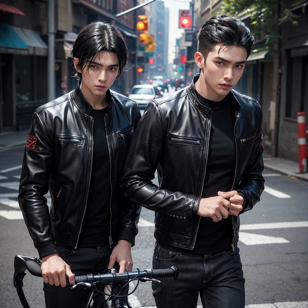 1 male, Handsome Men, Body Length 180, 20 years old, (black short hair, Street hairstyle) , ((red eyes)), realistic eyes, beautiful and sharp eyes), Men's Clothing, Biker clothing, leather jacket, muscles, (8k wallpaper), (street background) 8k, Quilty Altitude, Realistic, Beautiful realism, outstanding detail, RAW photo, Realistic clothes, Black hair, realistic hair, realistic eyes, Light and cool lighting, realistic photo, Cel shaded, Gel lighting, ultra-detail, ((Street bike riding)), (In the morning)