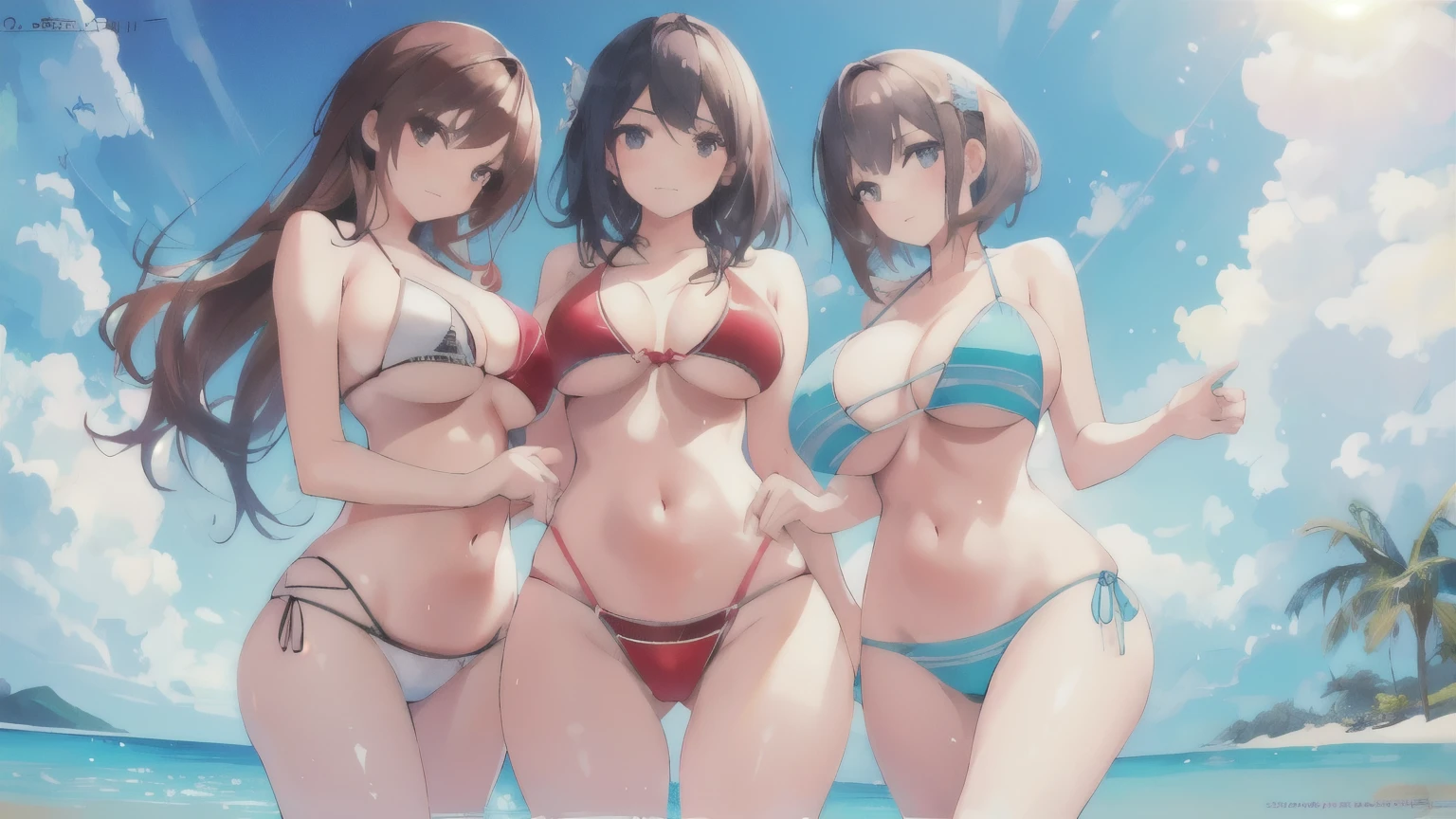 bikini,breasts focus,((3girls)),masterpiece,best quality,ultra-detailed, ray tracing,perfect lighting,reflection, , 