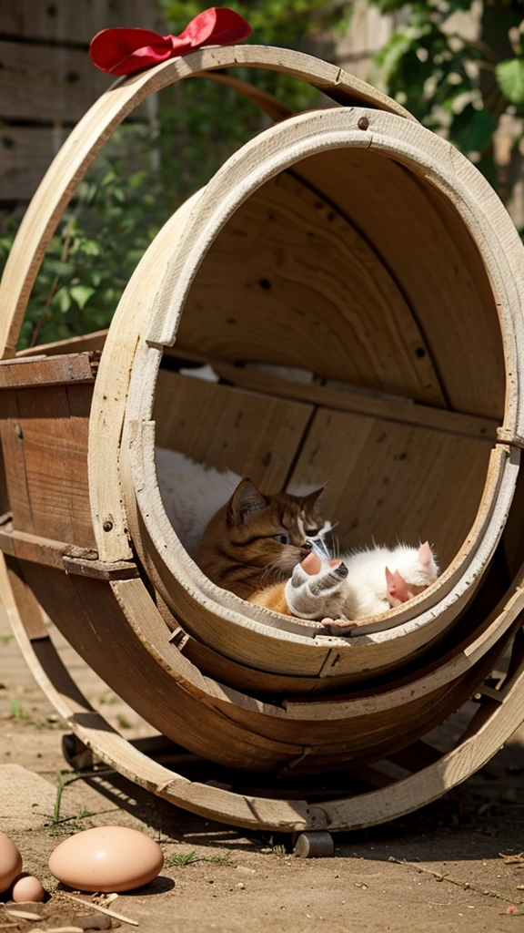 Kittens hatching from chicken eggs