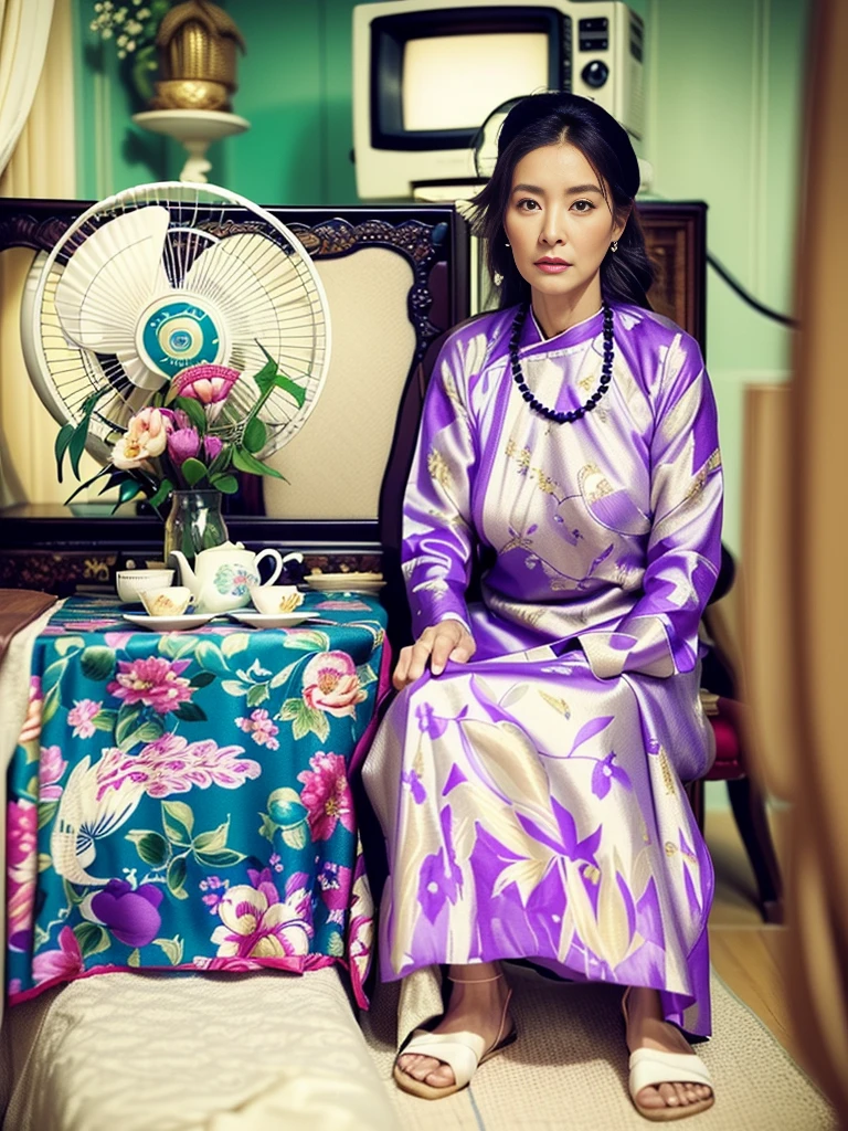 Highly realistic photo, ((masterpiece), (best quality), (raw photo), (photorealistic:1.4), In the photo, an elderly woman is seated indoors, dressed in a traditional long-sleeved, purple dress with a floral pattern. She wears a black beaded necklace and white sandals, and is holding a small cup in her right hand. Behind her is a table covered with a colorful floral and peacock-printed tablecloth, on which there is a tea set. A large, vintage electric fan and a CRT television can be seen in the background, suggesting a setting from past decades. The room's decor and the woman's attire reflect a blend of traditional and mid-20th-century style. , photo taken by Sony A7IV