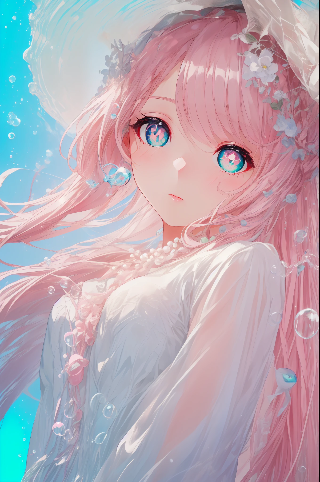 (((pearl pink hair,emerald pupils))),((beautiful and detailed)),(blushing), (geometric:1.1),(((under the water,in the ocean,bubbles,fish))), ((1girl,amazing,adorable girl,solo,arms down)),(Masterpiece,Best quality, offcial art,fractal art, Beautiful and aesthetic:1.2),(4k,HD,HRS),((small breasts)),(Physically-based rendering),Sharp focus, (((highdetailskin,The details are complex、Shallow depth of field、movie lighting、Reflectors、a Canon EOS R5、50mm lens、f / 2.8、shot at 8k resolution))),simple cloths，correct pupils,((((shiny hair|detailed hair|half bangs|long hair)))),(masterpiece sidelighting),(The sheen),(beautiful hair,beautiful background,bokeh:55mm)),((extremely_Detailed_Eyes_and_face)),Movie girl,(Dynamic posture: 1.2),Brilliant