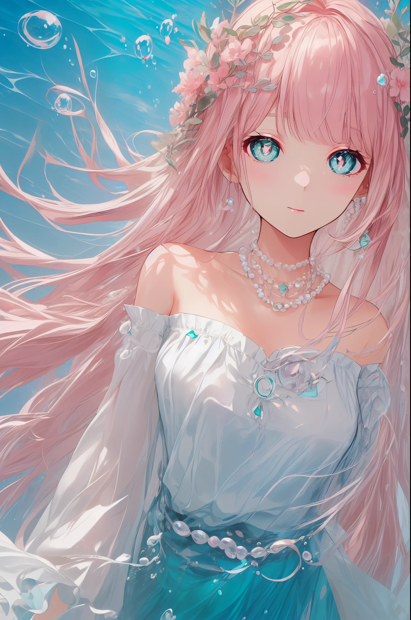 (((pearl pink hair,emerald pupils))),((beautiful and detailed)),(blushing), (geometric:1.1),(((under the water,in the ocean,bubbles,fish))), ((1girl,amazing,adorable girl,solo,arms down)),(Masterpiece,Best quality, offcial art,fractal art, Beautiful and aesthetic:1.2),(4k,HD,HRS),((small breasts)),(Physically-based rendering),Sharp focus, (((highdetailskin,The details are complex、Shallow depth of field、movie lighting、Reflectors、a Canon EOS R5、50mm lens、f / 2.8、shot at 8k resolution))),simple cloths，correct pupils,((((shiny hair|detailed hair|half bangs|long hair)))),(masterpiece sidelighting),(The sheen),(beautiful hair,beautiful background,bokeh:55mm)),((extremely_Detailed_Eyes_and_face)),Movie girl,(Dynamic posture: 1.2),Brilliant