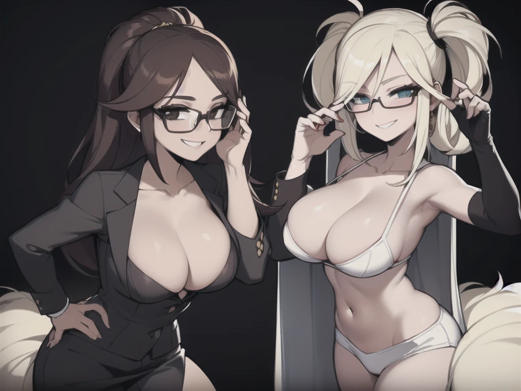 two sexy women looking at camera, seductive smiles, casino outfits, portrait, various hair, glasses