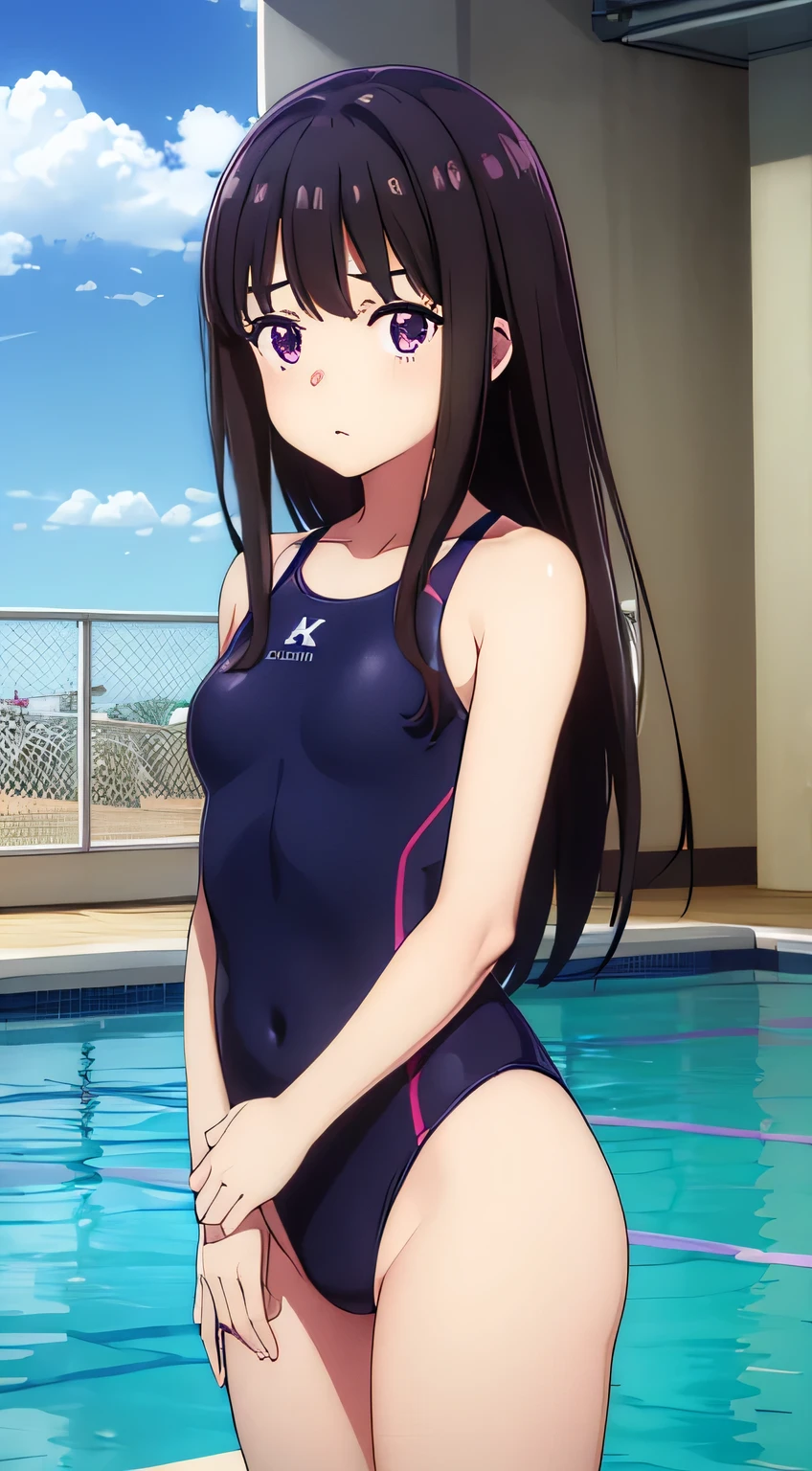 (masterpiece、Highest quality、In 8K、High resolution:1.2)、alone、One Girl、  Takina Inoue、Feeling embarrassed、blush、Purple Eyes、Look at the viewers、whole body、Transparent competitive swimsuit、Transparent racing swimsuit、Glossy body、Wet body、Daytime、Poolside、Low - Angle