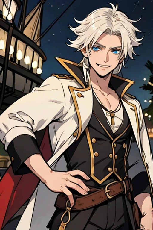 A young white haired man with blue eyes and long hair in a pirate's outfit is exploring a pirate city with a big smile at night