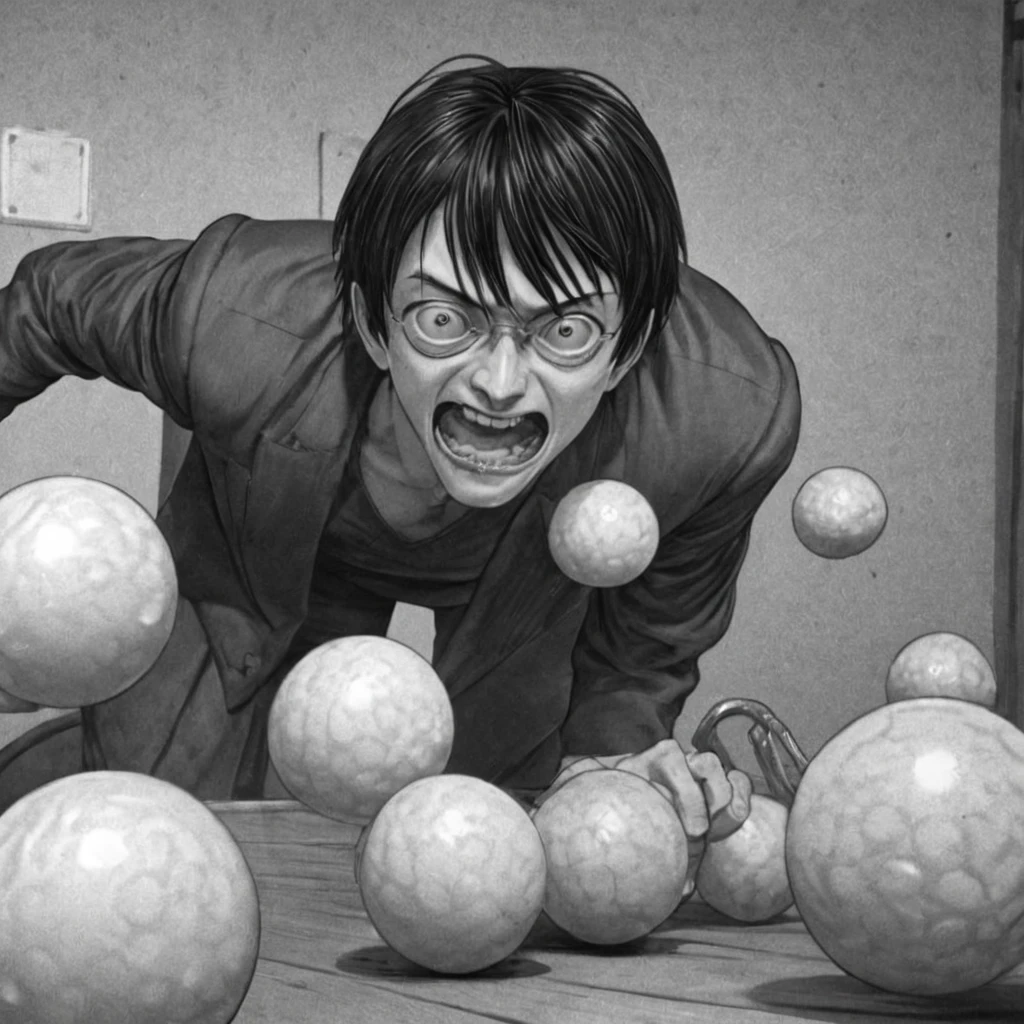 strong man attacking several balls, (anime), bizarre scenario, Junji Ito, Yusuke Murata, black and white, 8k, anime, horror