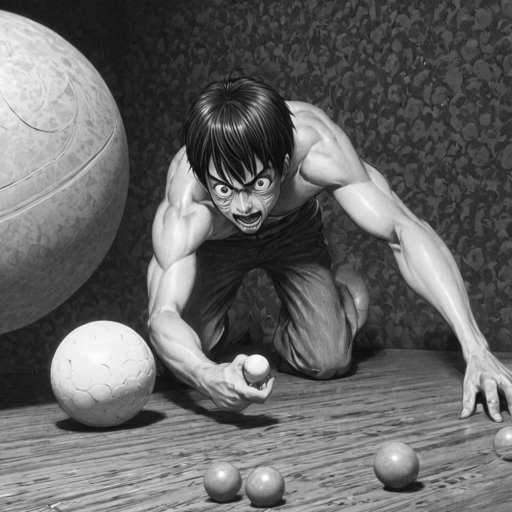 strong man attacking several balls, (anime), bizarre scenario, Junji Ito, Yusuke Murata, black and white, 8k, anime, horror