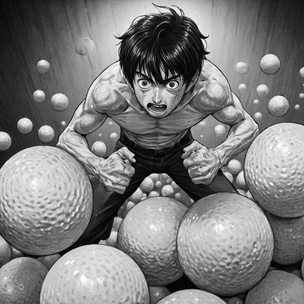 strong man attacking several balls, (anime), bizarre scenario, Junji Ito, Yusuke Murata, black and white, 8k, anime, horror