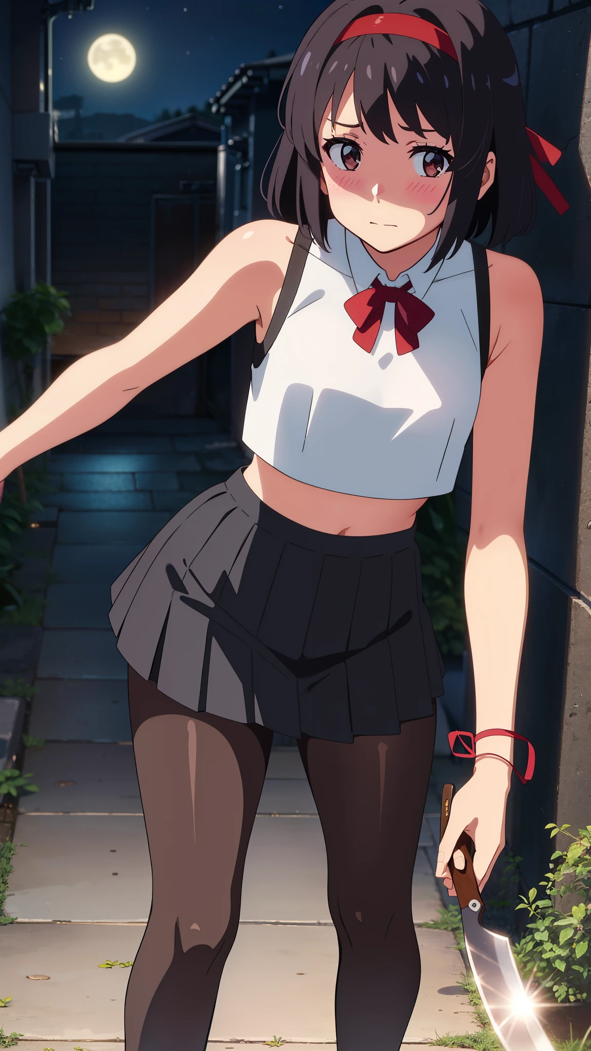 shinkai makoto, kimi no na wa., 1girl, bangs, black hair, blush, brown eyes, white crop top, bare shoulders, black pleated skirt, black pantyhose, red headband, red ribbon, short hair, cute, solo, looking at viewer, outdoors, alley, night, nightview, fighting stance, knife, holding knife in hand