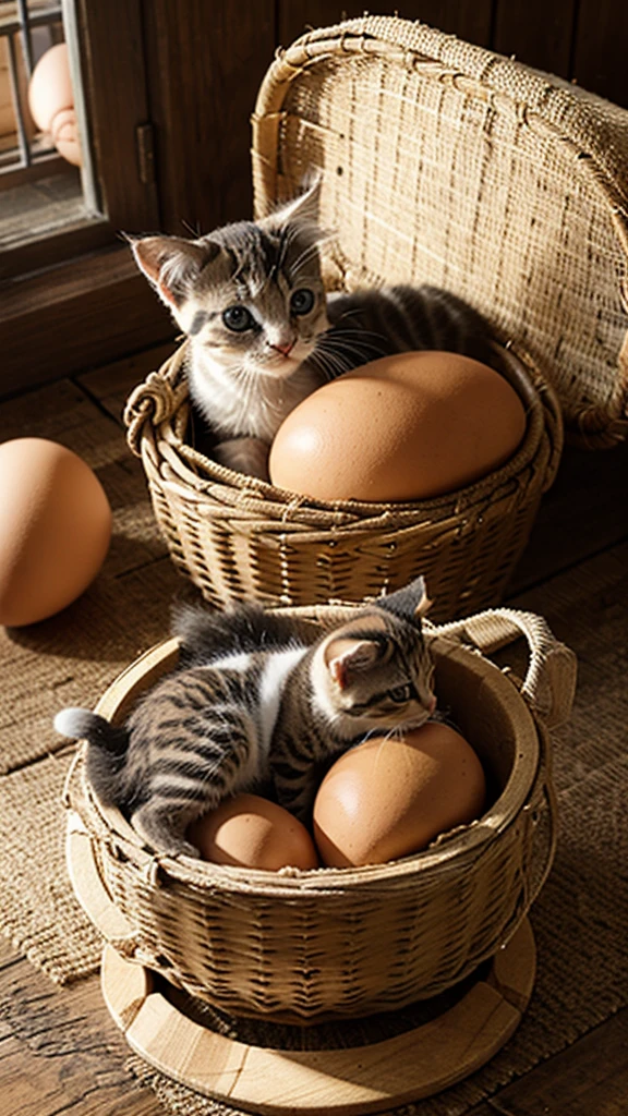 Kittens hatching from chicken eggs