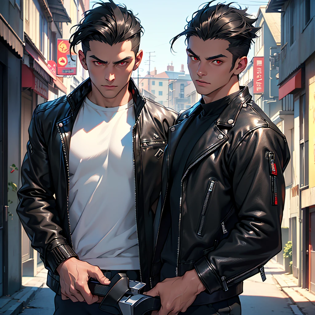 1 male, Handsome Men, Body Length 180, 20 years old, (black short hair, Street hairstyle) , ((red eyes)), realistic eyes, beautiful and sharp eyes), Men's Clothing, Biker clothing, leather jacket, muscles, (8k wallpaper), (street background) 8k, Quilty Altitude, Realistic, Beautiful realism, outstanding detail, RAW photo, Realistic clothes, Black hair, realistic hair, realistic eyes, Light and cool lighting, realistic photo, Cel shaded, Gel lighting, ultra-detail, ((Street bike riding)), (In the morning)