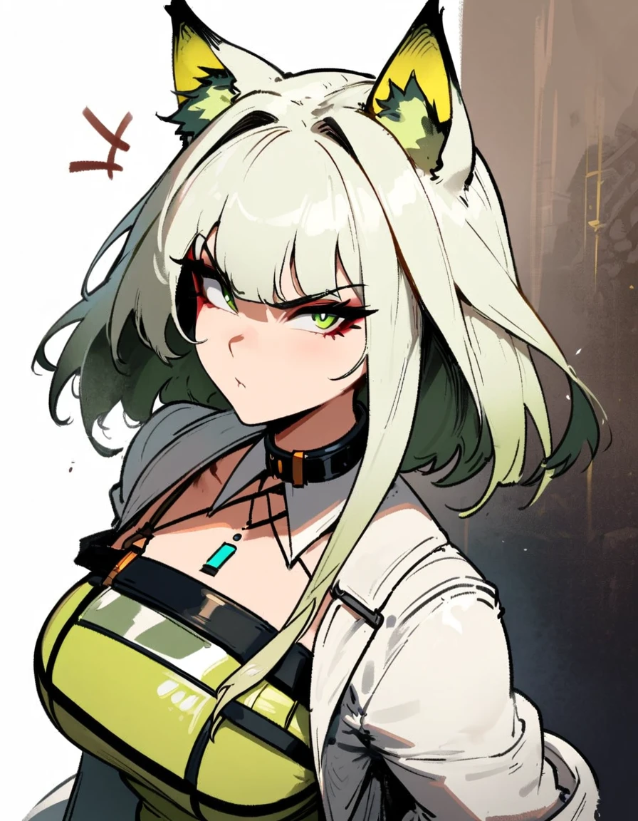 1girl, kal'tsit \(arknights\), arknights \\\\\ masterpiece, best quality, very aesthetic, absurdres, newest \\\\\\ slim body,///// ,by nyantcha,cutesexyrobutts , by khyle,,////// ,,,, , ,,detailed face, , ,, , , , , beautiful face, (white background:1.2), , sexy, , serious.angry, green eyes, animal ears, , ,,,big tits,),  in the center of the frame,,, ,wears a lab coat, ,держит шприц ,  solo