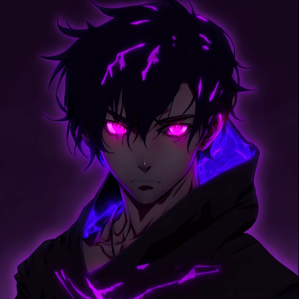 anime boy with purple eyes and black hair in a dark room, with purple glowing eyes, with glowing purple eyes, his eyes are purple and glowing, his eyes glowing purple, glowing purple eyes, with glowing eyes, purple eyes glowing, purple glowing eyes, handsome guy in demon slayer art, fully purple eyes no pupils, fully purple eyes,