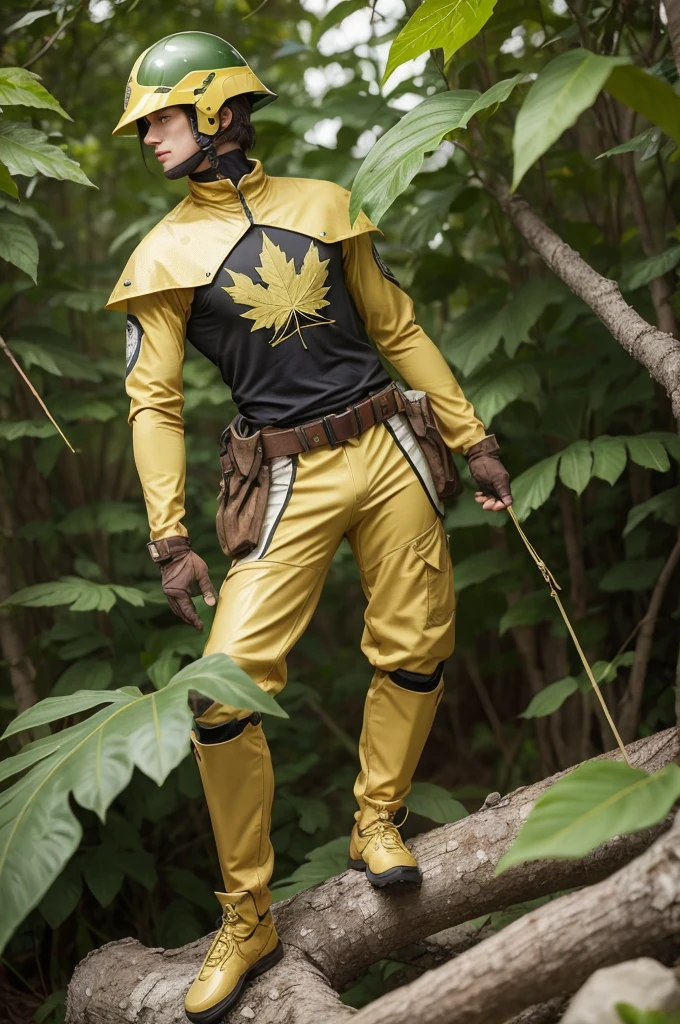 Make a Leaf Man uniform made from a lightweight, durable material, similar to dry leaves, providing flexibility and camouflage in natural environments. com tons de verde, marrom e dourado, symbolizes the connection with flora. The helmet has a golden visor and his gloves and boots are equipped with retractable blades for climbing trees.. The belt stores special seeds to create temporary plants. The emblem is a stylized leaf in gold tone on a green background, representing growth and renewal. These characteristics reflect its commitment to nature preservation.