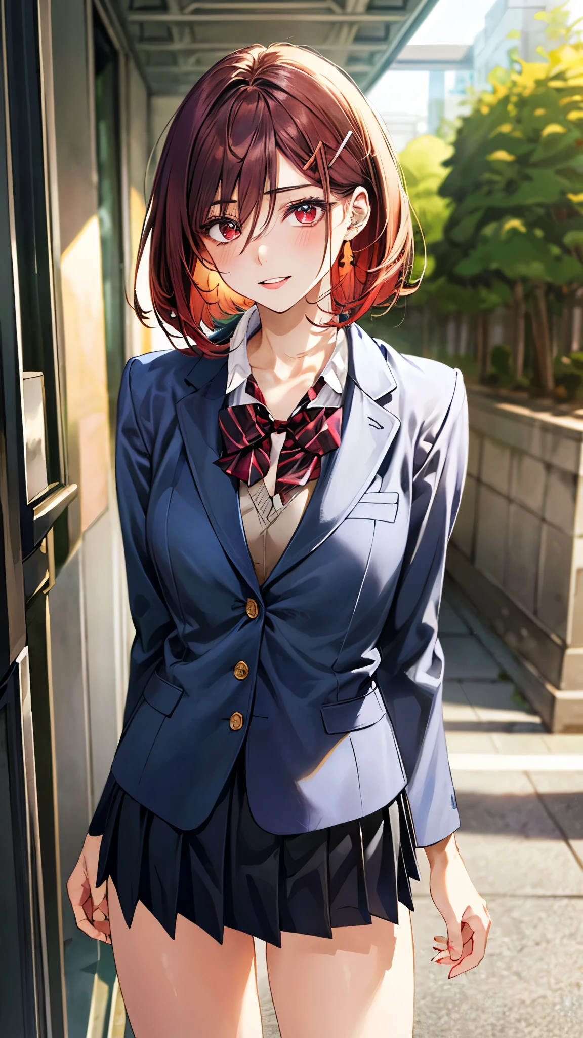 (masterpiece:1.3, top-quality, ultra high res, ultra detailed), (realistic, photorealistic:1.4), beautiful illustration, perfect lighting, natural lighting, colorful, depth of fields, ,
beautiful detailed hair, beautiful detailed face, beautiful detailed eyes, beautiful clavicle, beautiful body, beautiful chest, beautiful thigh, beautiful legs, beautiful fingers, shiny skin, 
looking at viewer, 1 girl, high school girl, (perfect anatomy, anatomically correct, super detailed skin), cute and symmetrical face, , perfect face, perfect eyes, , 
(short hair:1.4, long bob cut, poppy red hair), hair between eyes, hairclip, maroon eyes, big eyes, long eye lasher, (medium breasts, seductive thighs), slender, skin dendation, 
detailed cloth texture, (navy blazer:1.2, dark grey pleated skirt:1.2), white collared shirt, blue bow tie, 
(beautiful scenery), , evening, (school hallway), standing, (lovely smile, upper eyes, parted lips), 